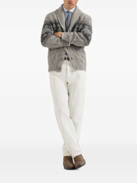Brunello Cucinelli virgin-wool, silk and cashmere chiné cable-knit cardigan with intarsia