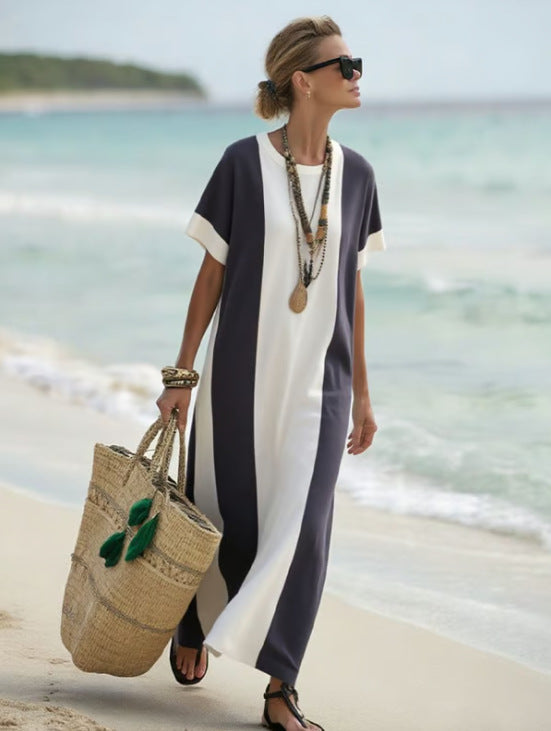 Boho Colorblock Short Sleeve Kaftan Maxi Beach Cover-Up