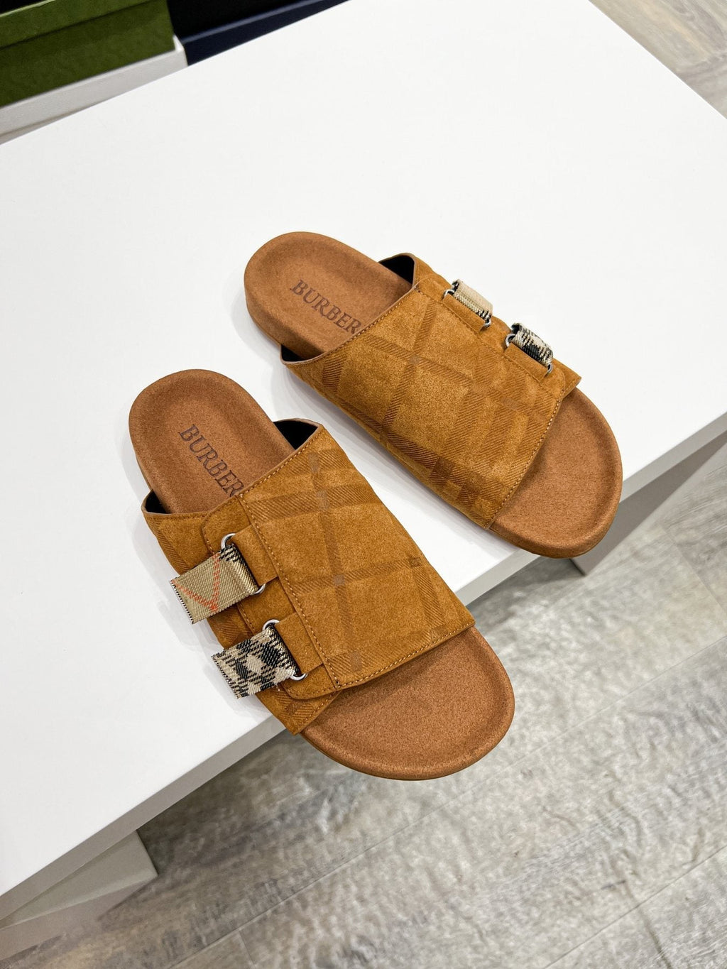 Burberry Navy Check Buckle Slide Sandals